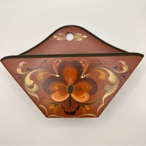 Vintage Norwegian Rosemaling Coffee Filter Holder Wood Wall Hanging Signed